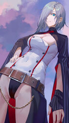  absurdres belt breasts buttons chaps cleavage cleavage_cutout clothing_cutout coat covered_navel double-breasted female fingerless_gloves from_below girls&#039;_frontline gloves green_eyes grey_hair hair_over_one_eye hand_on_own_hip highres long_sleeves mg5_(girls&#039;_frontline) ren_huozhe short_hair slit_pupils taut_clothes 