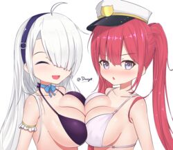  2girls bad_id bad_pixiv_id bare_shoulders blue_eyes blush breast_press breasts collarbone commentary copyright_request cp2980606 hair_over_one_eye large_breasts long_hair looking_at_viewer multiple_girls open_mouth pectoral_docking pectoral_press sideboob simple_background smile symmetrical_docking twintails twitter_username upper_body white_background white_hair 