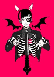  1boy bad_id bad_twitter_id black_nails closed_mouth collared_shirt detached_horns detached_wings ear_piercing earrings eyepatch fingernails hands_up highres horns jacket jewelry long_sleeves looking_at_viewer male_focus monochrome multicolored_hair necktie one_eye_covered open_clothes open_jacket original piercing red_background red_theme ribs ring safety_pin samei_ikusa shirt simple_background skeletal_body skeleton smile solo streaked_hair upper_body wing_collar wings zipper 