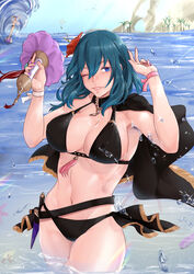  1boy absurdres bare_arms bare_shoulders belt bikini black_belt black_bikini black_capelet blue_eyes blue_hair blue_sky breasts byleth_(female)_(fire_emblem) byleth_(female)_(summer)_(fire_emblem) byleth_(fire_emblem) capelet cleavage commentary_request cowboy_shot day female fire_emblem fire_emblem:_three_houses fire_emblem_heroes flower hair_flower hair_ornament highres large_breasts long_hair looking_at_viewer lorenz_hellman_gloucester lorenz_hellman_gloucester_(summer) nail_polish navel ocean official_alternate_costume one_eye_closed outdoors parted_lips purple_nails red_flower ribbon sky solo_focus standing stomach surfing swimsuit thighs vialnite wading water wrist_ribbon 