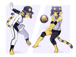  3_toes animal_crossing ankha_(animal_crossing) anthro athletic athletic_anthro athletic_female ball baseball_cap blue_hair bodily_fluids clothing digital_media_(artwork) domestic_cat feet felid feline felis female fingers hair half-closed_eyes hat headgear headwear mammal multicolored_hair multicolored_tail narrowed_eyes nintendo short_hair signature solo sweat tail toes two_tone_hair two_tone_tail vtalna1 yellow_body yellow_inner_ear yellow_skin 