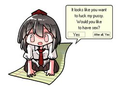  black_hair blush brown_skirt clippy dialogue_box english_text female flying_paper hands_on_ground kasuya_baian kneeling microsoft microsoft_office necktie open_mouth paper pink_eyes red_headwear red_necktie shameimaru_aya shirt skirt socks solo touhou white_background white_shirt white_socks 