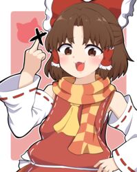  :3 :d absurdres ascot bad_id bad_pixiv_id benikurage_(cookie) blush bow brown_eyes brown_hair commentary_request cookie_(touhou) detached_sleeves fangs female frilled_bow frills hair_tubes hairbow hakurei_reimu half_updo highres looking_at_viewer middle_finger open_mouth orange_scarf parted_bangs red_bow red_shirt ribbon-trimmed_sleeves ribbon_trim sarashi scarf shirt short_hair sleeveless sleeveless_shirt smile solo striped_clothes striped_scarf totozame touhou upper_body white_sleeves yellow_ascot yellow_scarf 