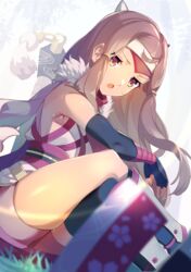  bike_shorts black_gloves black_thighhighs blurry blurry_foreground brown_eyes brown_hair dutch_angle elbow_gloves female fingerless_gloves fire_emblem fire_emblem_fates floating_hair gloves hana_(fire_emblem) hana_(ninja)_(fire_emblem) headband highres japanese_clothes kimono long_hair looking_at_viewer open_mouth panda_inu pink_shorts short_shorts shorts single_thighhigh sitting sleeveless sleeveless_kimono solo sweatdrop thighhighs thighs very_long_hair white_kimono 