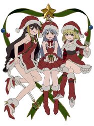  4girls :p black_hair blonde_hair blue_eyes boots box capelet christmas christmas_ornaments commentary_request demon_tail dress eyepatch fairy fur-trimmed_dress fur_trim gift gift_box gradient_hair green_eyes hat highres holly index_(toaru_majutsu_no_index) leivinia_birdway lessar lolicon long_hair looking_at_viewer mechanical_tail medium_hair mini_hat mini_person mini_santa_hat minigirl multicolored_hair multiple_girls on_head one_eye_closed othinus person_on_head red_capelet red_headwear santa_boots santa_costume santa_dress santa_hat short_hair sitting sitting_on_head sitting_on_person tail teruya_(6w6y) toaru_majutsu_no_index toaru_majutsu_no_index:_new_testament tongue tongue_out very_long_hair 