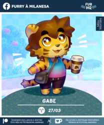  5:6 animal_crossing anthro aries_(symbol) astrological_symbol bag beverage bottomwear bracelet brown_hair cheek_stripes chibi clothed clothing container cup date_celebration digital_media_(artwork) feet felid feline fur gabe_(mytigertail) hair hi_res hotpants jewelry male mammal mila.moraes nintendo open_mouth overweight overweight_male pantherine pictographics shirt shorts slightly_chubby slightly_chubby_anthro slightly_chubby_male smile solo symbol tail tank_top text tiger topwear villager_(animal_crossing) western_zodiac western_zodiac_symbol 