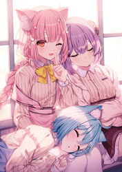  3girls ;d a20_(atsumaru) ahoge animal_ear_fluff animal_ears blue_hair blue_skirt blush bob_cut bobby_pin borrowed_character bow bowtie braid braided_ponytail breasts brown_eyes brown_skirt closed_eyes crossed_arms finger_to_mouth flat_chest hair_between_eyes highres horns lap_pillow large_breasts leaning_on_person long_hair long_sleeves lying multiple_girls oerba_yun_fang on_side one_eye_closed open_mouth original pantyhose pink_hair pink_skirt purple_hair shirt short_hair shushing sidelocks sitting skirt sleeping smile suspender_skirt suspenders t-shirt uniform wardrobe_malfunction white_legwear yellow_bow 