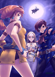  1boy 2girls aika_(eternal_arcadia) aircraft airship ass belt blonde_hair braid brown_eyes brown_hair clothing_cutout detached_sleeves dress earrings eternal_arcadia eyepatch facial_mark fina_(eternal_arcadia) forehead_mark from_below full_moon gloves goggles goggles_on_head green_eyes grin hands_on_own_hips highres jewelry long_hair looking_at_viewer medium_hair moon multiple_girls night night_sky orange_hair pants scar scar_on_cheek scar_on_face side_slit single_glove sitouanang sky smile sword twin_braids vyse weapon yellow_gloves 