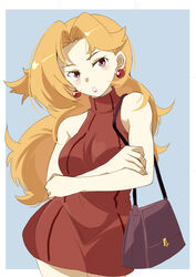  34_(sanjushi) bag bare_shoulders beauty_(pokemon) blonde_hair blush border breasts brown_eyes dress earrings female handbag highres jewelry long_hair looking_at_viewer pokemon pokemon_lgpe red_dress sleeveless solo white_border 