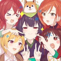  &gt;_&lt; 5girls :d absurdres animal arisugawa_natsuha black_dress blonde_hair blush bob_cut brown_eyes brown_hair brown_jacket canine closed_mouth collared_shirt commentary crossed_bangs double_bun dress ear_piercing earrings eyelashes finger_to_cheek floral_print green_sleeves hair_between_eyes hair_bun half-closed_eyes hands_up heart highres houkago_climax_girls_(idolmaster) idolmaster idolmaster_shiny_colors jacket japanese_clothes jewelry karya kimono komiya_kaho long_hair looking_at_another looking_at_viewer mamemaru_(shiny_colors) morino_rinze multiple_girls obi obiage open_collar open_mouth orange_hair piercing purple_eyes purple_hair purple_jacket purple_kimono raglan_sleeves red_eyes red_hair red_jacket ribbon saijo_juri sash school_uniform shiba_inu shirt short_hair short_twintails sidelocks simple_background sleeves_rolled_up smile sonoda_chiyoko star_(symbol) swept_bangs tareme twintails v white_background white_shirt wing_collar xd yellow_ribbon 