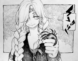  absurdres braid breasts chronozbergh circlet cleavage closed_mouth commentary elden_beast elden_ring english_commentary female graphite_(medium) greyscale highres long_hair monochrome queen_marika_the_eternal side_braid smile traditional_media translation_request 