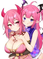  2girls :q ahoge argyle_clothes arm_under_breasts bare_arms bare_shoulders bead_necklace beads behind_another bell black_bridal_gauntlets blue_eyes blunt_bangs bow bowtie breasts bridal_gauntlets bright_pupils camila_(vtuber) cleavage closed_mouth clothing_cutout colored_eyelashes daysss demon_horns demon_wings diamond-shaped_pupils diamond_(shape) dress earrings eyelashes frilled_shirt frills gold_trim hair_between_eyes hair_ornament hand_on_another&#039;s_chest hand_on_another&#039;s_shoulder hands_up head_wings highres horns indie_virtual_youtuber jewelry jingle_bell large_breasts light_blush long_hair looking_at_viewer mikki_fuu mismatched_eyelashes multicolored_shirt multiple_girls nail_polish navel navel_cutout necklace pink_dress pink_eyes pink_hair pointy_ears purple_bow purple_bowtie red_horns red_nails shirt simple_background sleeveless sleeveless_shirt smile straight_hair strapless strapless_dress striped_bow striped_bowtie striped_clothes symbol-shaped_pupils tongue tongue_out two_side_up upper_body white_background white_eyelashes wings wristlet 