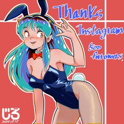  animal_ears black_leotard bow bowtie breasts cleavage collarbone cone_horns covered_navel cowboy_shot detached_collar fake_animal_ears fake_tail female fishnet_pantyhose fishnets green_hair highres horns jirohhb leotard long_hair lum orange_eyes pantyhose playboy_bunny rabbit_ears rabbit_tail red_background red_bow red_bowtie simple_background small_breasts small_horns solo strapless strapless_leotard tail urusei_yatsura yellow_horns 