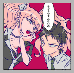  1boy ahoge bear_hair_ornament black_shirt blonde_hair border bow breasts brown_hair cleavage collarbone collared_shirt danganronpa:_trigger_happy_havoc danganronpa_(series) danganronpa_2:_goodbye_despair enoshima_junko fangs female green_necktie grey_border grey_shirt hair_ornament hinata_hajime necktie open_mouth red_background red_bow shirt short_hair speech_bubble teeth translation_request twintails upper_body upper_teeth_only uzu_(uzusio55) 