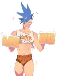  1boy alcohol bare_shoulders beer beer_mug blue_eyes blue_hair blue_pubic_hair blush bulge collarbone crop_top cup english_text eyes_visible_through_hair flying_sweatdrops galo_thymos holding holding_cup hooters kukumomo male_focus midriff mohawk motion_lines mug navel no_legwear open_mouth orange_shorts promare pubic_hair shirt short_shorts shorts simple_background smile solo sweat sweatdrop teeth thighs tied_shirt toned toned_male white_background 