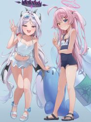  2girls :3 :d absurdres ahoge akgrn bare_shoulders bikini bikini_skirt black_footwear black_one-piece_swimsuit blue_archive blue_eyes blush breasts closed_mouth collarbone commentary_request cosplay costume_switch covered_navel demon_girl demon_horns demon_wings eyewear_on_head full_body grey_eyes hair_bobbles hair_ornament halo heterochromia highres hina_(blue_archive) hina_(blue_archive)_(cosplay) hina_(swimsuit)_(blue_archive) horns hoshino_(blue_archive) hoshino_(blue_archive)_(cosplay) hoshino_(swimsuit)_(blue_archive) inflatable_toy inflatable_whale innertube long_hair looking_at_viewer low_wings midriff multiple_girls multiple_horns name_tag navel old_school_swimsuit one-piece_swimsuit open_mouth personality_switch pink_hair pink_halo purple_eyes sandals school_swimsuit simple_background small_breasts smile standing sweatdrop swim_ring swimsuit twintails v very_long_hair w whistle whistle_around_neck white_bikini white_footwear wings yellow_eyes 