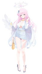  absurdres alternate_costume angel_wings bag bare_legs bbul_horn blue_archive casual dress feathered_wings female full_body gradient_halo hair_bun halo high_heels highres holding holding_bag low_wings mika_(blue_archive) multicolored_halo pink_halo simple_background single_side_bun solo white_background white_dress white_wings wing_ornament wings 