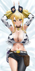  animal_print armpits asymmetrical_legwear bare_shoulders bell bikini blonde_hair blush breasts brown_eyes cameltoe cleavage collar cow_print cow_print_bikini cowbell double_bun fairy_tail female hair_bun highres horns_pose index_fingers_raised large_breasts long_hair looking_at_viewer lucy_heartfilia navel neck_bell print_bikini smile solo swimsuit t3x uneven_legwear 