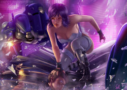  android black_footwear boots breasts broken_glass female ghost_in_the_shell glass glass_shards hand_on_another&#039;s_head highres kneeling kusanagi_motoko leotard looking_at_viewer medium_breasts non-humanoid_robot raphire red_eyes robot solo strapless strapless_leotard thighhighs white_leotard white_thighhighs 