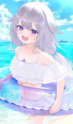  absurdres atakisin_i beach blush chest_jewel colored_inner_hair commentary female gem grey_hair hair_ornament highres holoadvent hololive hololive_english innertube jewel_under_eye koseki_bijou long_hair looking_at_viewer multicolored_hair open_mouth pink_hair pink_nails purple_eyes purple_gemstone purple_hair smile solo swim_ring swimsuit very_long_hair virtual_youtuber 