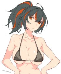  bikini black_bikini black_hair breasts female hands_on_own_hips highres kili_kilio large_breasts looking_back multicolored_hair ponytail red_eyes red_hair simple_background solo streaked_hair swimsuit triangle_mouth upper_body white_background zenless_zone_zero zhu_yuan 