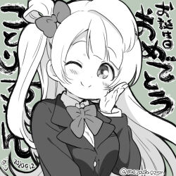  birthday breasts chibi commentary dated female greyscale long_hair looking_at_viewer love_live! love_live!_school_idol_project medium_breasts mezashi_(mezamashi_set) minami_kotori monochrome one_eye_closed otonokizaka_school_uniform school_uniform solo translation_request twitter_username upper_body 