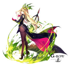  ass black_footwear blonde_hair brown_pantyhose closed_mouth dainsleif_(phantom_of_the_kill) female fire flaming_sword flaming_weapon from_side full_body green_crown green_eyes green_fire green_halo halo hand_up high_heels highres holding holding_sword holding_weapon legs looking_at_viewer looking_back official_art pantyhose phantom_of_the_kill shibuhiko simple_background smile solo stiletto_heels straight_hair sword weapon white_background 