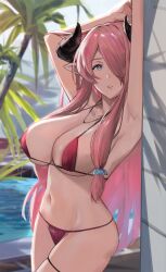  arms_up bikini blue_eyes blurry blurry_background breasts butterfly_hair_ornament draph english_commentary female granblue_fantasy hair_ornament hair_over_one_eye highres horns j@ck large_breasts long_hair looking_at_viewer narmaya_(granblue_fantasy) navel outdoors paid_reward_available palm_tree parted_lips pointy_ears pool red_bikini solo swimsuit thigh_strap tree wet 