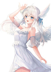  +_+ :d absurdres ahoge angel_wings arm_up bare_shoulders blue_eyes blue_ribbon blush breasts cleavage collarbone cowboy_shot detached_sleeves doroshi dress feathered_wings female frilled_dress frills gosegu hair_ornament hairclip head_wings highres long_hair looking_at_viewer medium_breasts open_mouth ribbon see-through short_sleeves smile solo twintails virtual_youtuber waktaverse white_dress white_hair white_wings wings 