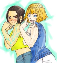  2girls animification apex_legends blonde_hair blue_eyes blue_pants blue_sweater blush bracelet brown_hair chouson clenched_hands conduit_(apex_legends) cropped_shirt denim flexing hair_behind_ear highres jeans jewelry looking_at_viewer multiple_girls pants parted_lips pink_lips ribbed_sweater scar scar_on_arm scar_on_cheek scar_on_face shirt short_hair sleeveless sleeveless_shirt smile sweater thumbs_up trait_connection wattson_(apex_legends) white_pants yellow_shirt 