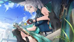  animal_ears aqua_eyes bare_arms bare_shoulders belt blue_shirt blue_sky breasts cloud commentary day feixiao_(honkai:_star_rail) feline female fox_ears gloves honkai:_star_rail honkai_(series) large_breasts long_hair ormille shirt sky sleeveless sleeveless_shirt smile solo thigh_belt thigh_strap white_belt white_hair 