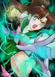  bishoujo_senshi_sailor_moon blurry blurry_foreground bow bowtie brown_hair choker clenched_hand clenched_hands collarbone commentary_request dj_jdite dress electricity female gloves green_dress green_eyes green_sailor_collar green_skirt high_ponytail highres incoming_attack kino_makoto lightning long_hair looking_at_viewer magical_girl open_mouth pink_bow pink_bowtie ponytail reaching reaching_towards_viewer sailor_collar sailor_jupiter sailor_senshi sailor_senshi_uniform signature skirt solo star_(symbol) star_choker super_sailor_jupiter tiara twitter_username white_gloves 