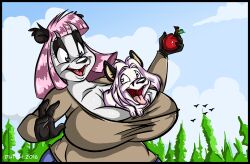  2016 anthro apple apple_(dutch) artist_name bear big_breasts bottomwear breasts canid canine canis clothing cloud deon_(deonwolf) digital_media_(artwork) duo dutch_(artist) female food fruit giant_panda hair male mammal misty_the_mouse open_mouth pants pink_hair plant shirt sky teeth tongue tongue_out topwear tree wide_hips wolf 