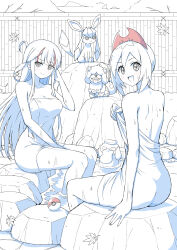  2girls absurdres back bare_arms bare_shoulders blue_theme blush breasts collarbone commission crossover eggman_(pixiv28975023) falling_leaves fangs female fence glaceon hairband hand_up highres hisuian_growlithe holding holding_towel irida_(pokemon) large_breasts leaf long_hair looking_at_viewer looking_back monochrome multicolored_hair multiple_girls naked_towel onsen outdoors poke_ball poke_ball_(basic) pokemon pokemon_(creature) psyduck red_hair red_hairband rock same-sex_bathing senran_kagura shared_bathing short_hair sitting skeb_commission soaking_feet spot_color streaked_hair toki_(senran_kagura) tongue tongue_out towel two-tone_hair very_long_hair water 