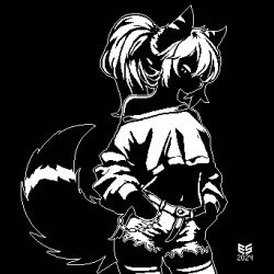  1:1 2024 anthro arctic_fox bare_shoulders belt_chain black_and_white black_background black_body black_fur black_shading bottomwear breasts canid canine clothed clothing crop_top cutoffs denim denim_bottomwear denim_clothing digital_media_(artwork) ezeeshady facial_markings female fluffy fluffy_tail fox fur hair hands_in_both_pockets head_markings mammal markings midriff monochrome monotone_background navel off_shoulder outline pants_chain pixel_(artwork) scrunchie shirt shorts signature simple_background slim solo striped_markings stripes tail topwear true_fox white_clothing white_eyes white_hair white_nose white_outline 