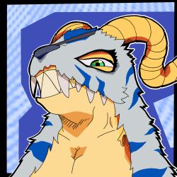  1:1 1_eye 2023 2_horns animal_skin anthro bandai_namco black_nose blue_background blue_body blue_fur bust_portrait devious devious_grin digimon digimon_(species) digital_drawing_(artwork) digital_media_(artwork) eye_patch eyewear fur gabumon garabumon green_eyes half-closed_eyes headshot_portrait hi_res horn lego_tepi looking_at_viewer looking_back male multicolored_body multicolored_fur narrowed_eyes pecs portrait scales scalie sharp_teeth shit_eating_grin simple_background smile smug smug_face smug_grin solo spiral_horn striped_body striped_fur stripes teeth two_tone_body two_tone_fur vein white_body white_fur yellow_body yellow_horn yellow_scales 