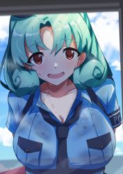  absurdres arms_behind_back blue_hat blue_necktie blue_shirt blue_sky blush breast_pocket breasts chest_harness cleavage cloud cloudy_sky collarbone collared_shirt concept_police_(idolmaster) curly_hair dot_nose female forehead garrison_cap green_hair harness hat highres idolmaster idolmaster_million_live! idolmaster_million_live!_theater_days large_breasts looking_at_viewer medium_hair mini_hat necktie orange_eyes parted_bangs pocket police police_uniform policewoman sanami_(sanami_t_38) shirt short_sleeves sky solo sunlight sweat tilted_headwear tokugawa_matsuri uniform upper_body 