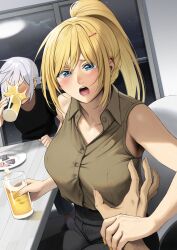  2girls bare_shoulders black_pants black_shirt blonde_hair blue_eyes blush breasts brown_vest buttons chair chris_(konosuba) collarbone darkness_(konosuba) glass grey_hair hair_ornament hairclip highres indoors izawa_(bhive003) kono_subarashii_sekai_ni_shukufuku_wo! large_breasts looking_at_viewer multiple_girls night pants plate ponytail shirt shirt_tucked_in shoes short_hair vest 