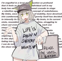  alternate_costume animal_ears arknights baseball_cap cat_ears cat_girl cowboy_shot cup english_text female green_eyes hat holding holding_cup kal&#039;tsit_(arknights) looking_at_viewer nuggetkouhai open_mouth shirt short_hair short_sleeves solo t-shirt white_background white_shirt 