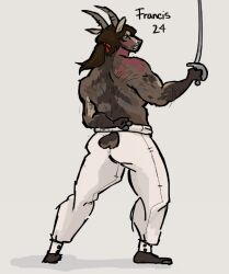  2024 2_horns 3_fingers accessory anthro barefoot bent_arm black_eyes bottomwear bovid brown_body brown_fur brown_hair brown_horn brown_tail button_(fastener) caprine character_name clothed clothing colored digital_drawing_(artwork) digital_media_(artwork) feet fencing_foil fingers flockdog francis_(flockdog) fur goat goat_tail grey_hooves hair hair_accessory hair_tie hand_behind_back holding_fencing_foil holding_melee_weapon holding_object holding_weapon hooved_fingers hooves horn ibex long_hair male mammal melee_weapon multicolored_body multicolored_fur number pants ponytail red_hair_tie shaded simple_background solo standing tail topless topless_anthro topless_male weapon white_background white_bottomwear white_clothing white_pants 