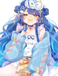  amamiya_kokoro amamiya_kokoro_(6th_costume) bag_of_chips bell blue_hair blush chips_(food) collarbone emi537469 female food food_in_mouth jingle_bell long_hair long_sleeves looking_at_viewer neck_bell nijisanji off_shoulder playing_with_food potato_chips sitting sleeves_past_wrists solo sparkle very_long_hair virtual_youtuber yellow_eyes 