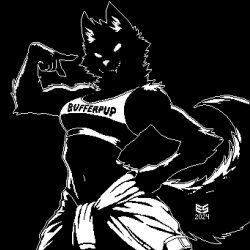  1:1 2024 5_fingers anthro arm_tuft athletic athletic_female bare_shoulders black_and_white black_background black_body black_fur black_shading bottomwear bra breasts canid canine canis clothing clothing_around_waist digital_media_(artwork) elbow_tuft ezeeshady fangs female fingers fist_on_own_hip fluffy fluffy_tail fur gesture hand_gesture head_tuft inner_ear_fluff looking_at_viewer mammal midriff monochrome monotone_background muscular navel outline pixel_(artwork) pointing pointing_at_self raised_arm shoulder_tuft signature simple_background smile smiling_at_viewer solo sports_bra tail teeth text topwear tuft underwear white_clothing white_eyes white_fangs white_nose white_outline white_topwear wolf 