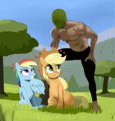  absurd_res anon applejack_(mlp) barefoot blonde_hair blush bottomwear clothed clothing cowboy day earth_pony equid equine eyebrows eyelashes feet female feral fingers freckles friendship_is_magic grass green_eyes grin group hair hand_on_leg hand_on_own_leg hand_on_own_thigh hand_on_thigh hasbro heart_symbol hi_res hooves horse human long_hair male male/female mammal multicolored_hair my_little_pony mythological_creature mythological_equine mythology outside pants pegasus plant pony purple_eyes quadruped rainbow_dash_(mlp) rainbow_hair smile ton618 topless topless_male tree trio wings 