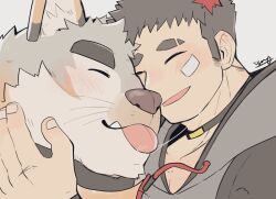  anthro bandage bandage_on_face blep blush canes_(live_a_hero) canid canine canis closed_eyes domestic_dog duo human igarashi_ta lifewonders live_a_hero male male/male mammal smile sterio tongue tongue_out 