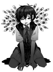  antenna_hair arms_between_legs blood blood_from_mouth blood_on_clothes blood_on_hands collared_shirt empty_eyes female full_body genderswap_(mtf) greyscale hair_between_eyes halftone highres kneeling looking_at_viewer medium_hair miniskirt monochrome neckerchief omori pleated_skirt rule_63 shirt short_sleeves simple_background skirt solo straight-on sukinakoto1ppai sunny_(omori) sweater_vest twintails white_background 