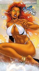  1girls beach big_breasts bikini breasts cleavage dc dc_comics elizabeth_torque female female_only fit_female green_eyes kevin_senft koriand&#039;r long_hair midriff orange_skin purple_lipstick solo starfire starfire_(comics) swimsuit teen_titans thong voluptuous white_bikini 