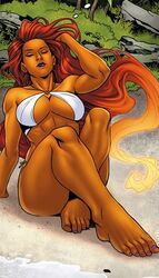  1girls beach big_breasts bikini breasts cleavage closed_eyes dc dc_comics elizabeth_torque feet female female_only fit_female green_eyes kevin_senft koriand&#039;r long_hair midriff orange_skin purple_lipstick relaxing side-tie_bikini solo starfire starfire_(comics) swimsuit teen_titans thong toes voluptuous white_bikini 