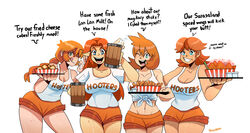  4girls ;) ;d alex_(minecraft) belly belly_button big_breasts blue_eyes braid braided_hair breasts cleavage clothed clothed_female clothing collarbone crossover eastern_and_western_character english_text female female_only fishstick_(food) fist_pump food food_on_face food_tray freckles freckles_on_breasts freckles_on_chest freckles_on_face freckles_on_shoulders freckles_on_thighs ginger green_eyes grin gym_leader happy_female holding_cup holding_tray hooters kasumi_(pokemon) leaning_forward long_hair long_orange_hair looking_at_viewer malon mario_(series) milk minecraft misty_(pokemon) misty_(pokemon_hgss) multiple_girls ocarina_of_time ok_sign olive_skin one_eye_closed open_mouth orange_hair orange_shorts pokemon pokemon_gsc pokemon_hgss princess_daisy quadruple_ginger redhead shirt short_hair short_orange_hair short_shorts simple_background spiced_wings super_mario_land tan tank_top text the_legend_of_zelda thegreyzen thick_thighs thighs tied_shirt tomboy tongue tongue_out white_background wink 