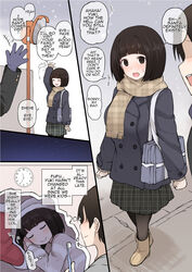  1boy 1girls :) :d arm_up bag black_hair blush bob_cut brown_eyes closed_eyes dialogue doujinshi english_text faceless faceless_male full_body gloves looking_at_another looking_at_viewer no_eyes ntr open_mouth original sleeping speech_bubble terasu_mc text thinking translated zzz 