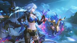  absurdres black_gloves black_jacket black_pantyhose black_shorts black_thighhighs blue_bra bra breasts chimera_(wuthering_waves) chinese_commentary cleavage closed_mouth commentary_request cropped_jacket earrings feathered_wings female fingernails food galbrena_(wuthering_waves) gloves grey_hair hand_on_own_hip highres holding holding_food holding_popsicle jacket jewelry long_fingernails medium_breasts medium_hair navel night official_art outdoors pantyhose popsicle purple_eyes second-party_source short_shorts shorts single_glove single_leg_pantyhose single_thighhigh single_wing solo stomach tacet_discord_(wuthering_waves) thighhighs thighs ttk_(kirinottk) underwear wings wuthering_waves 